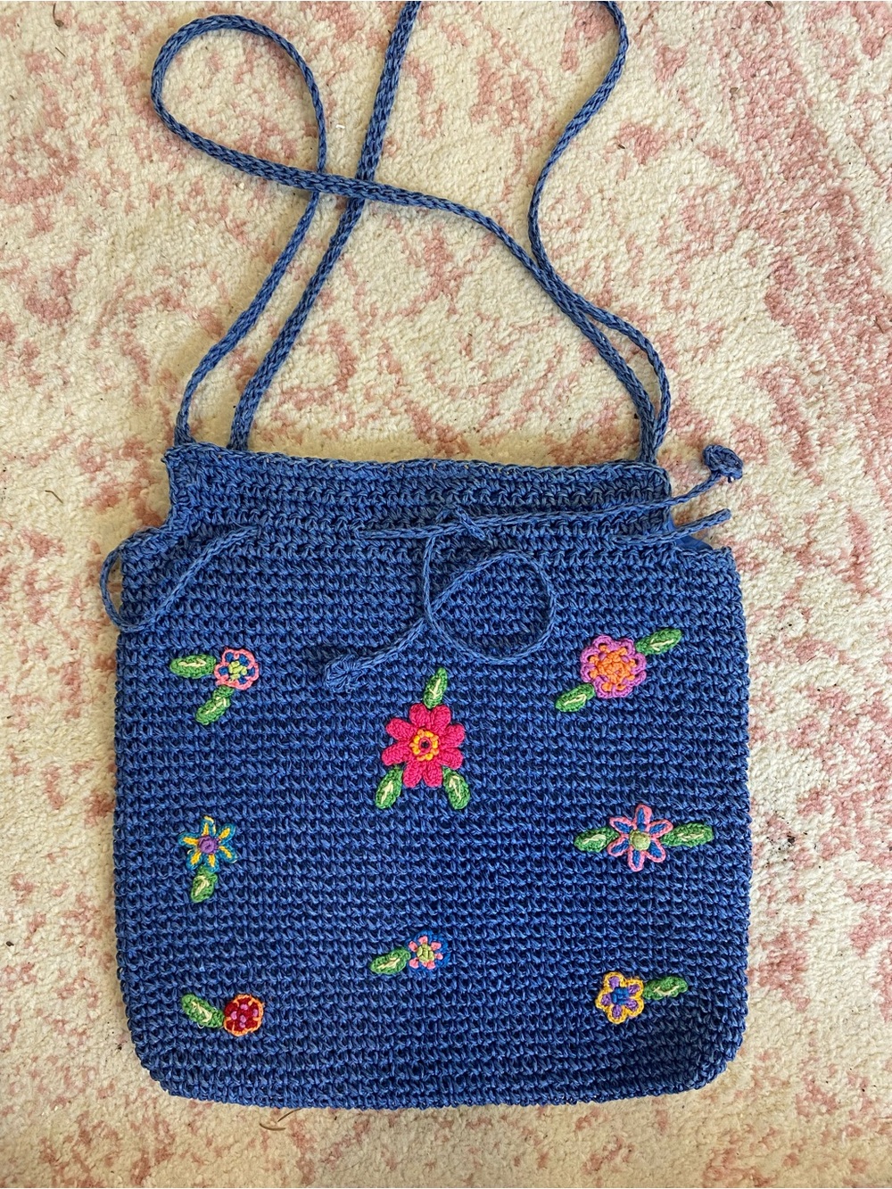 Blue Crochet Bag with Floral Embroidery